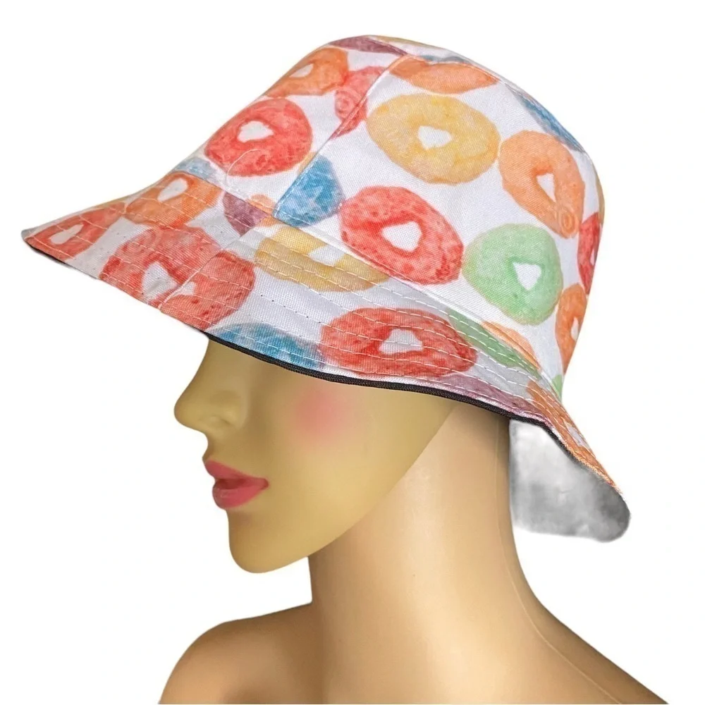 Colorful Printed  Bucket Hat Festive Fun Fruit Loop Bucket Hat w Sweatband NWOT
